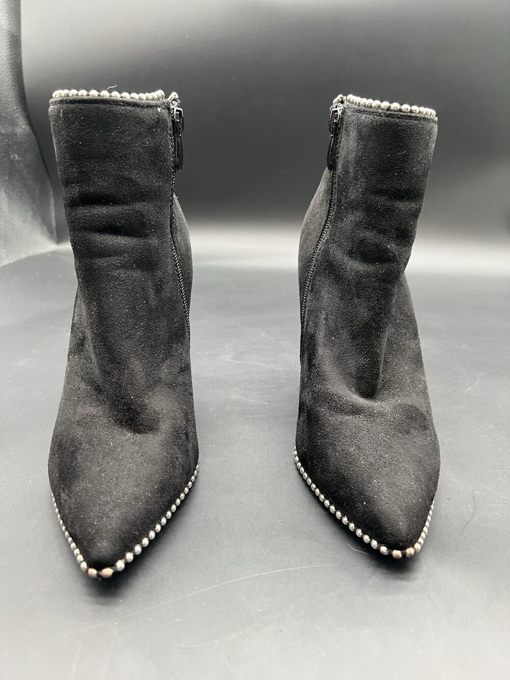 Black Ankle Bootie women Size 8 SILVER STUDDED STILETTO Pointed Toe #133